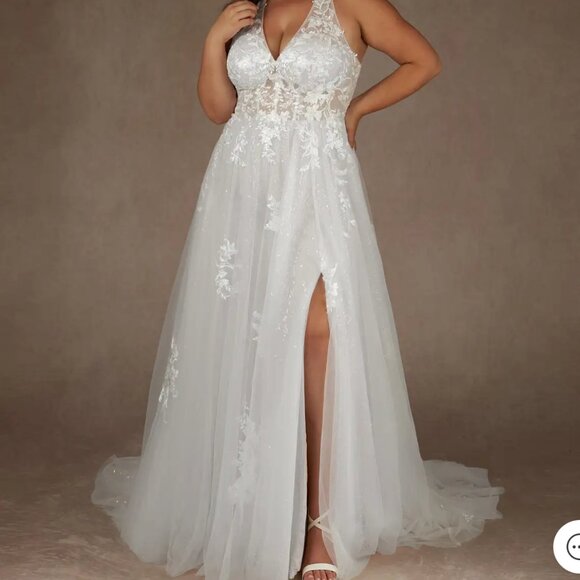 Azazie Dysis Diamond White A-Line Halter Sequins Tulle Wedding Dress - Picture 8 of 15